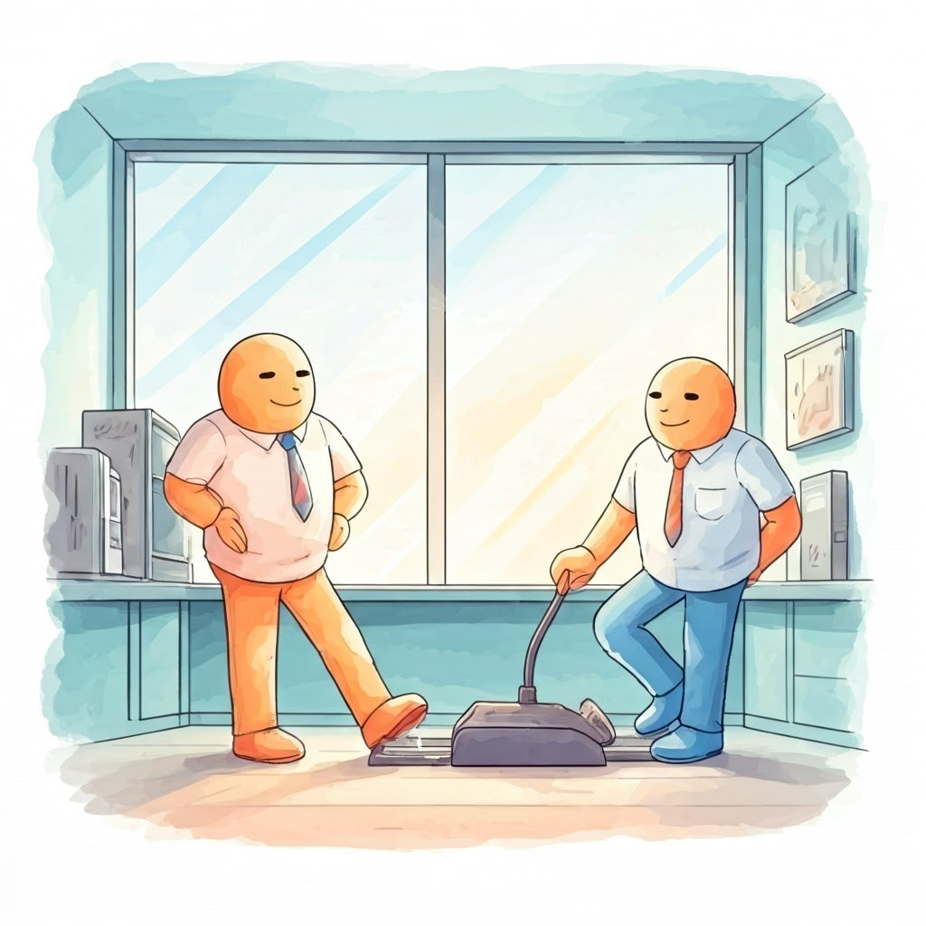 Watercolor illustration of Glutamate as an energetic worker and GABA as a relaxed coworker