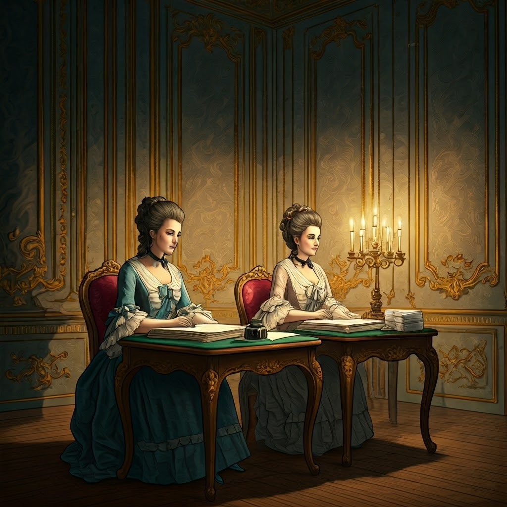 Women exchanging letters and managing conversations in an elegant Rococo room, highlighting their careful control of intellectual debate.