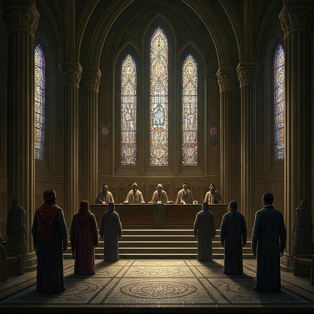 Council chamber where clerics and lawmakers debate religion's place in law, framed by stained glass and candlelight