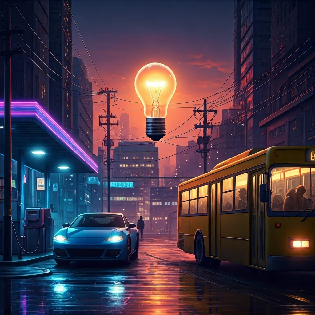 A glowing light bulb hovers above a futuristic city at dusk, linking home power use to large-scale energy networks.