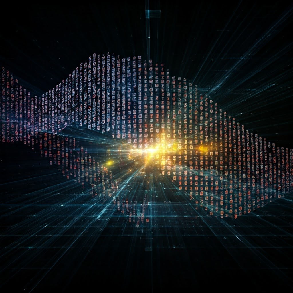 Abstract ribbons of numbers flowing through a translucent matrix