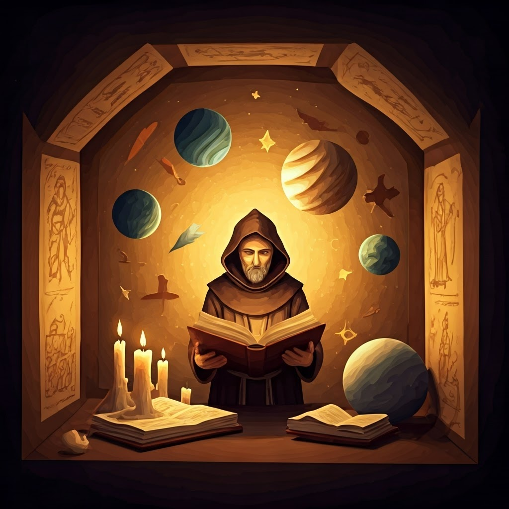 A monk studies by candlelight as paper models of crystal spheres and planets hover, capturing scholarly curiosity in the Middle Ages.