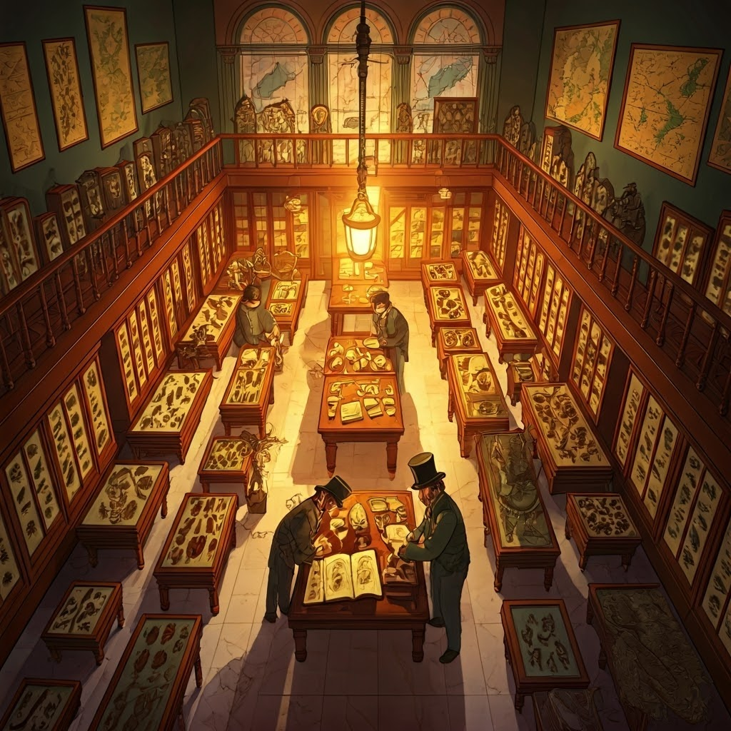 Bustling Victorian museum of shells, fossils, and plants where collectors debate emerging evolutionary clues