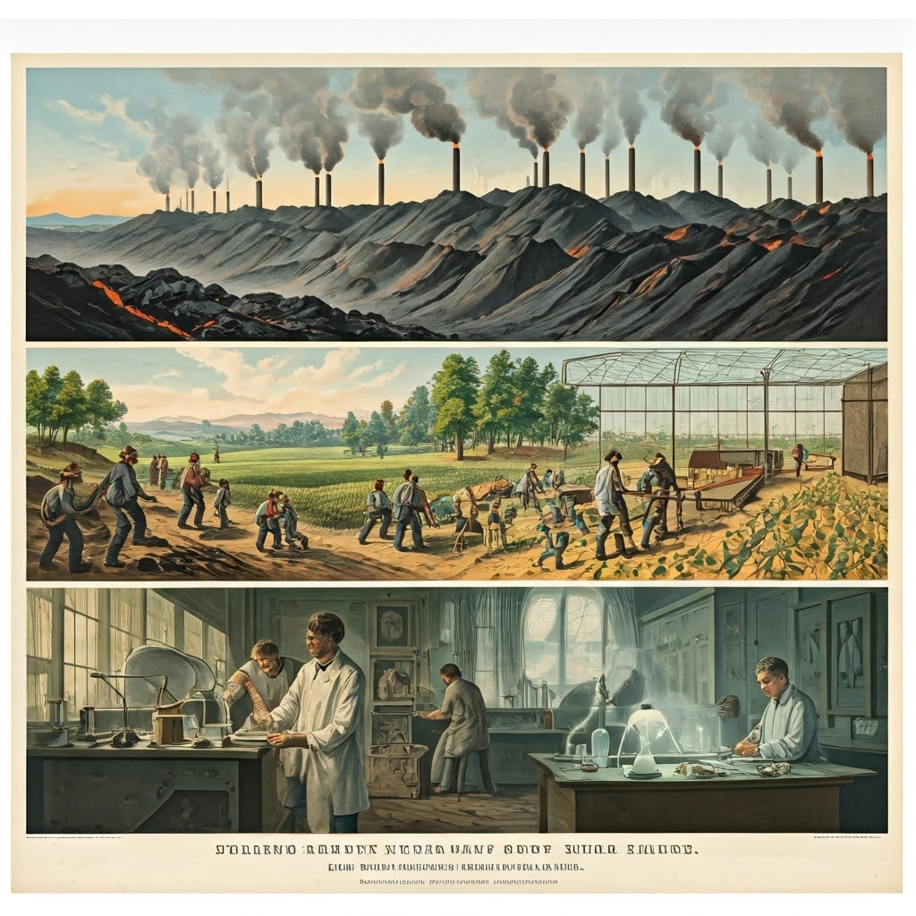 Panoramic collage of Belgian mines, an American cotton gin, and German scientists linked by swirling steam.