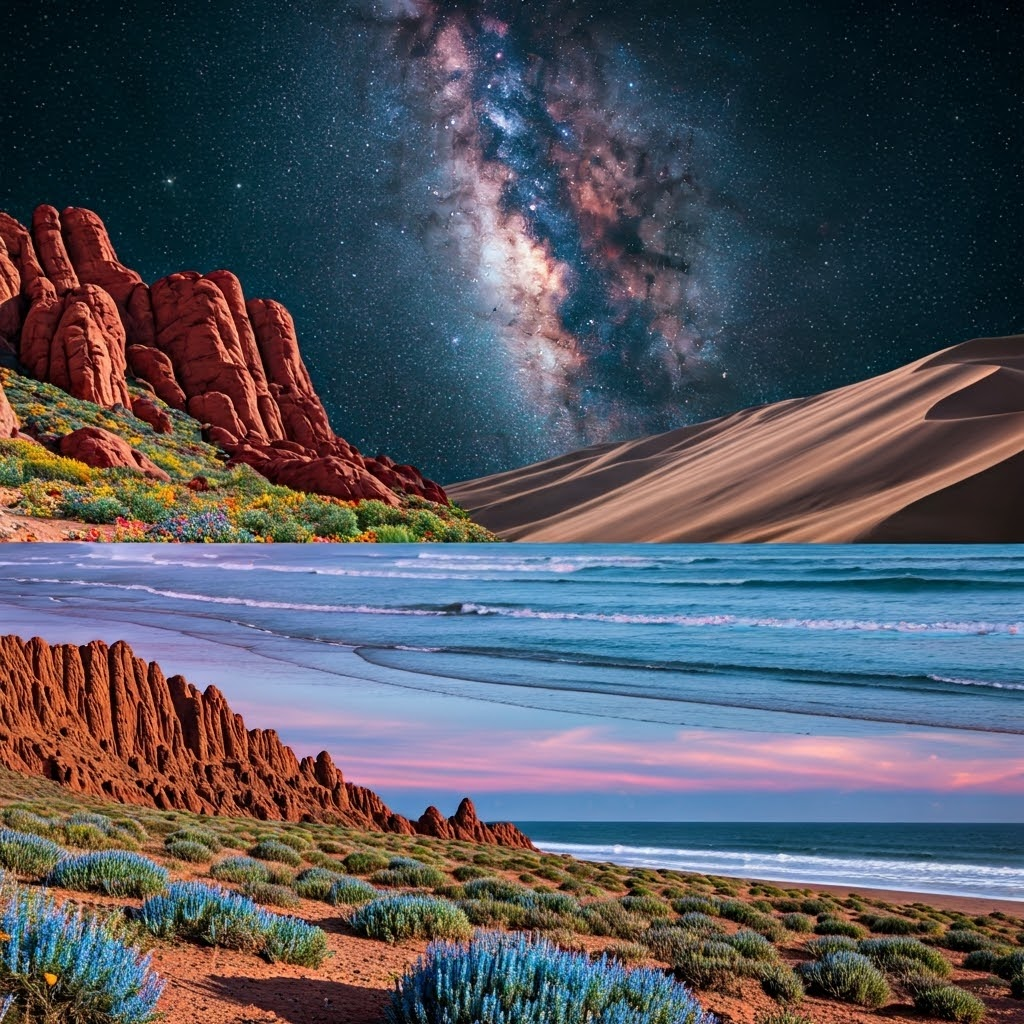 Surreal collage merges red canyons with wildflowers, mirror-smooth salt flats, and towering coastal dunes beside the ocean under a starry sky.