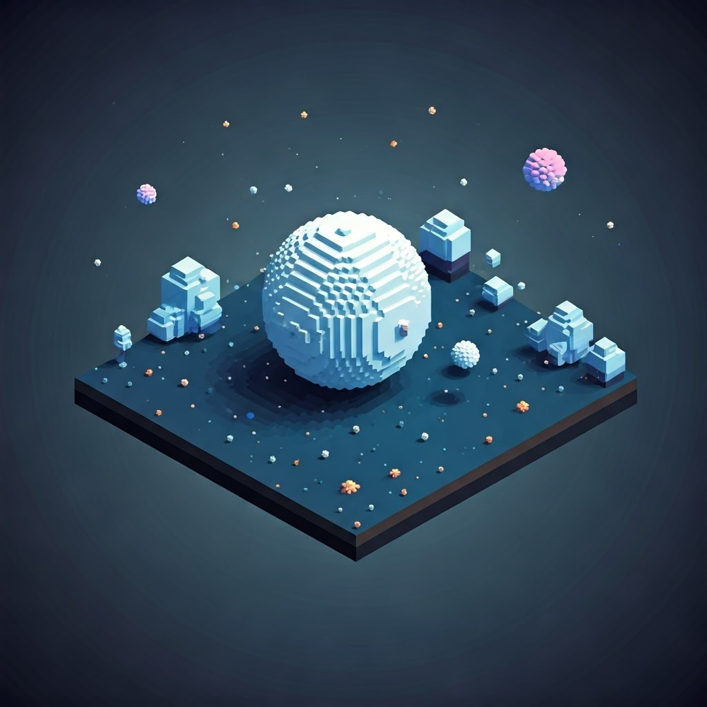 Voxel-style scene of a growing cosmic snowball collecting bright particles in space