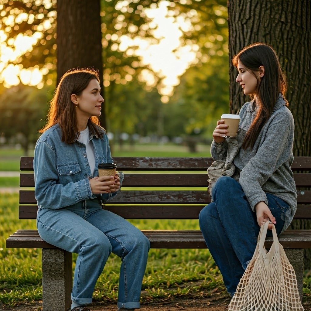 Two friends discuss environmental choices on a park bench at sunset, illustrating personal engagement.