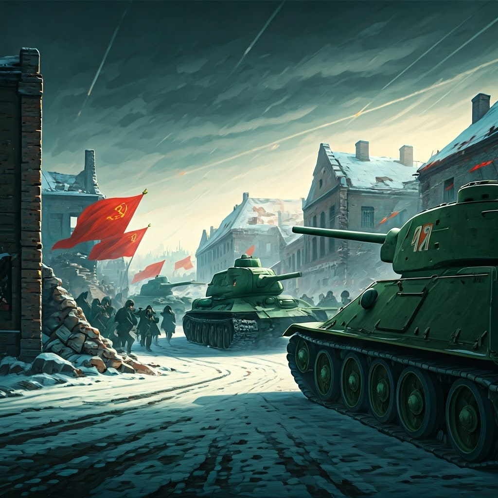 Soviet T-34 tanks and infantry surge through a ruined Polish town under red banners.