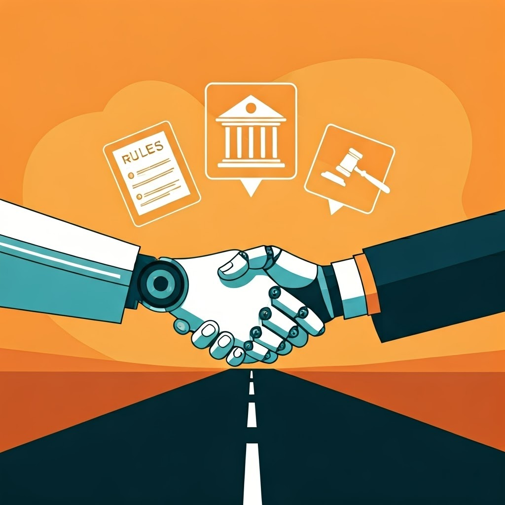 Handshake between human and robot over a road, symbolizing shared responsibility