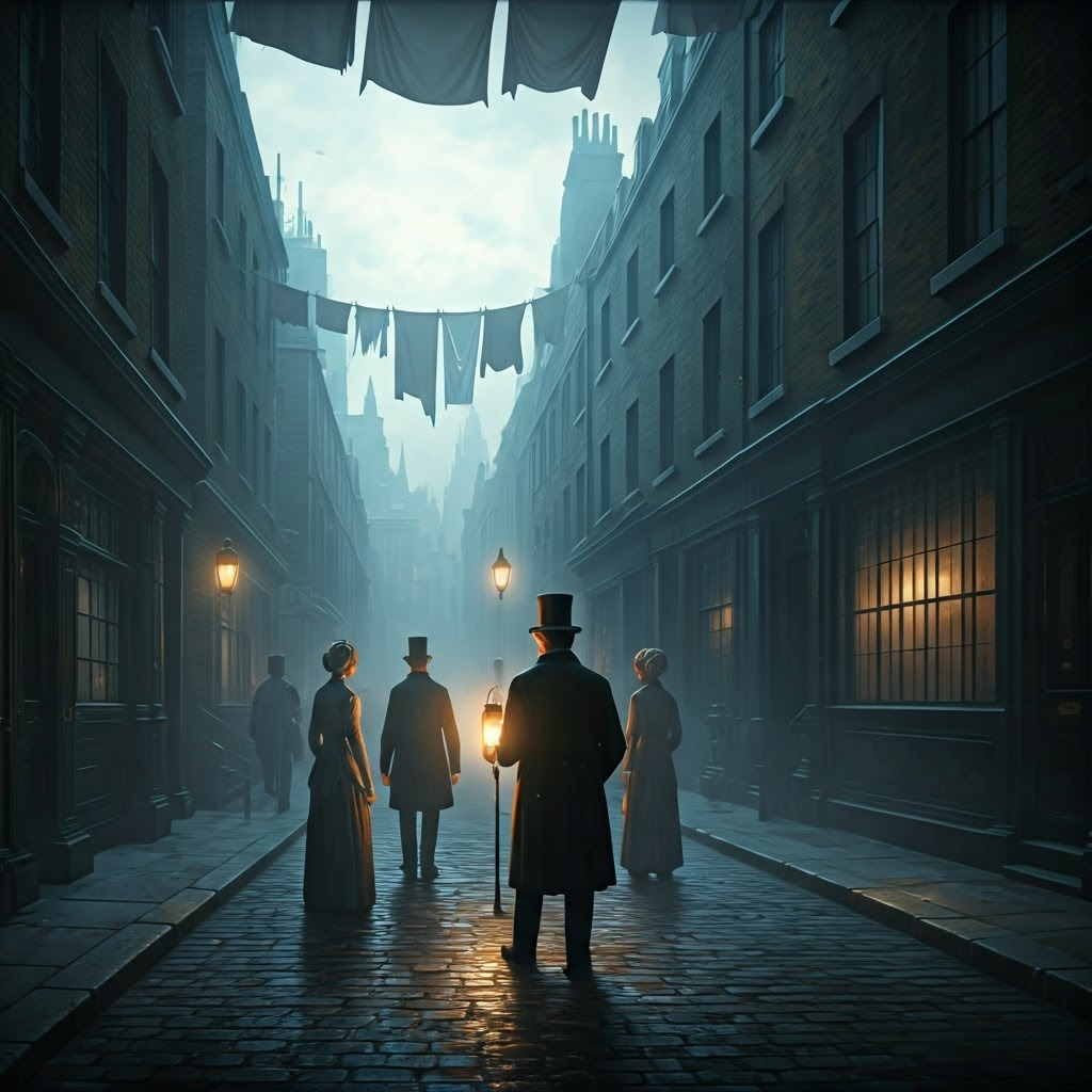 Victorian London street scene, gas lamps glowing through thick pea-soup fog as pedestrians in top hats carry lanterns.