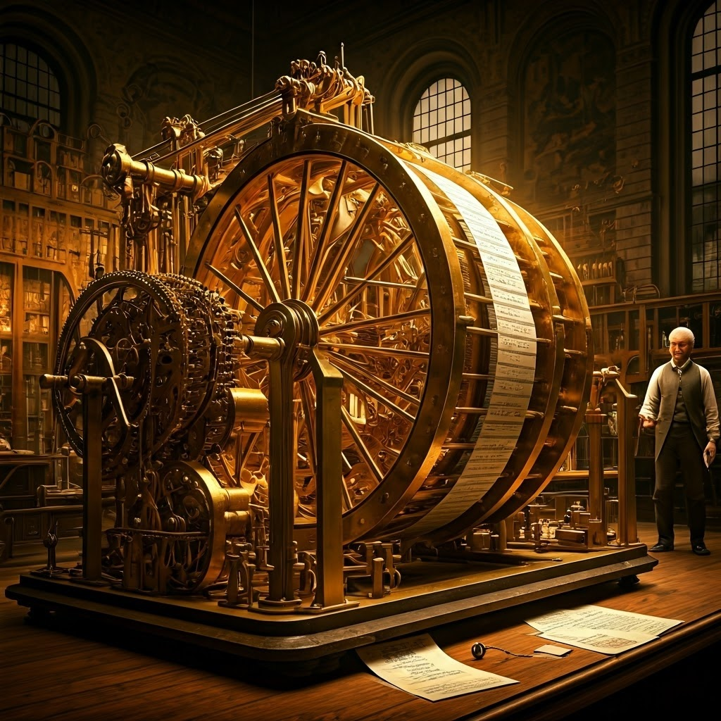 Grand Victorian workshop—large brass Analytical Engine model with punched-card feed under lamplight.