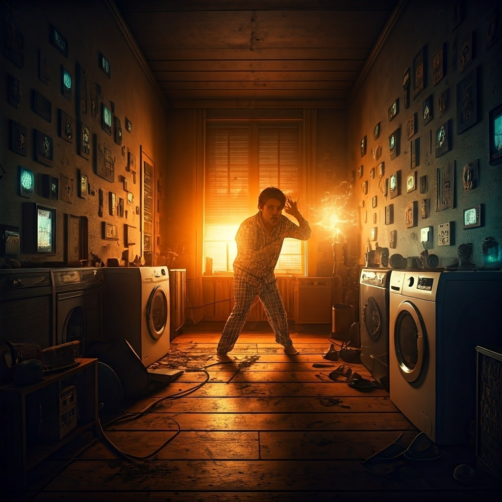 Surreal night scene of a house with every light and appliance on, symbolizing uncontrolled gene activity