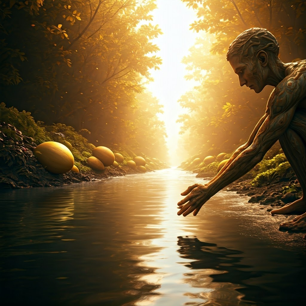 Figure reaches into a flowing river under golden light, showing connection between water and life
