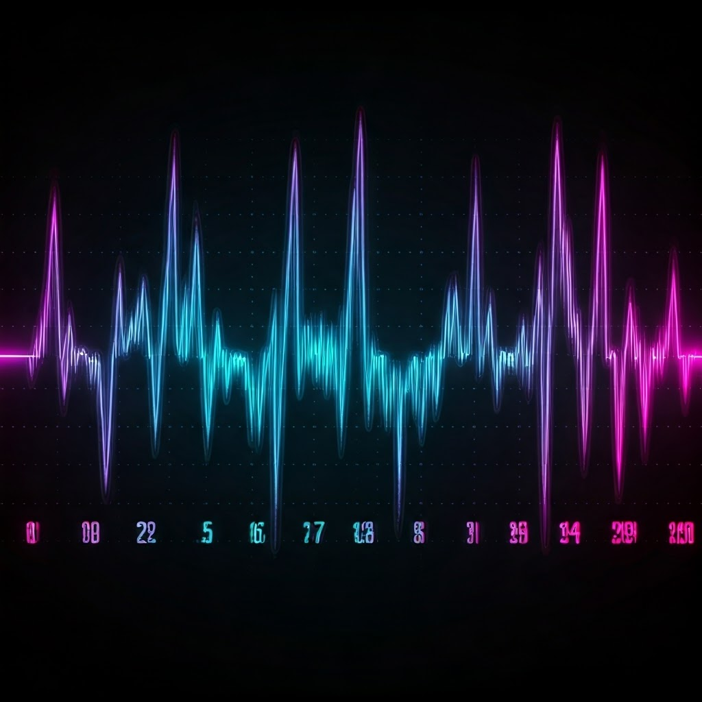 Glitch art oscilloscope trace displaying an action potential spike from depolarization to hyperpolarization.