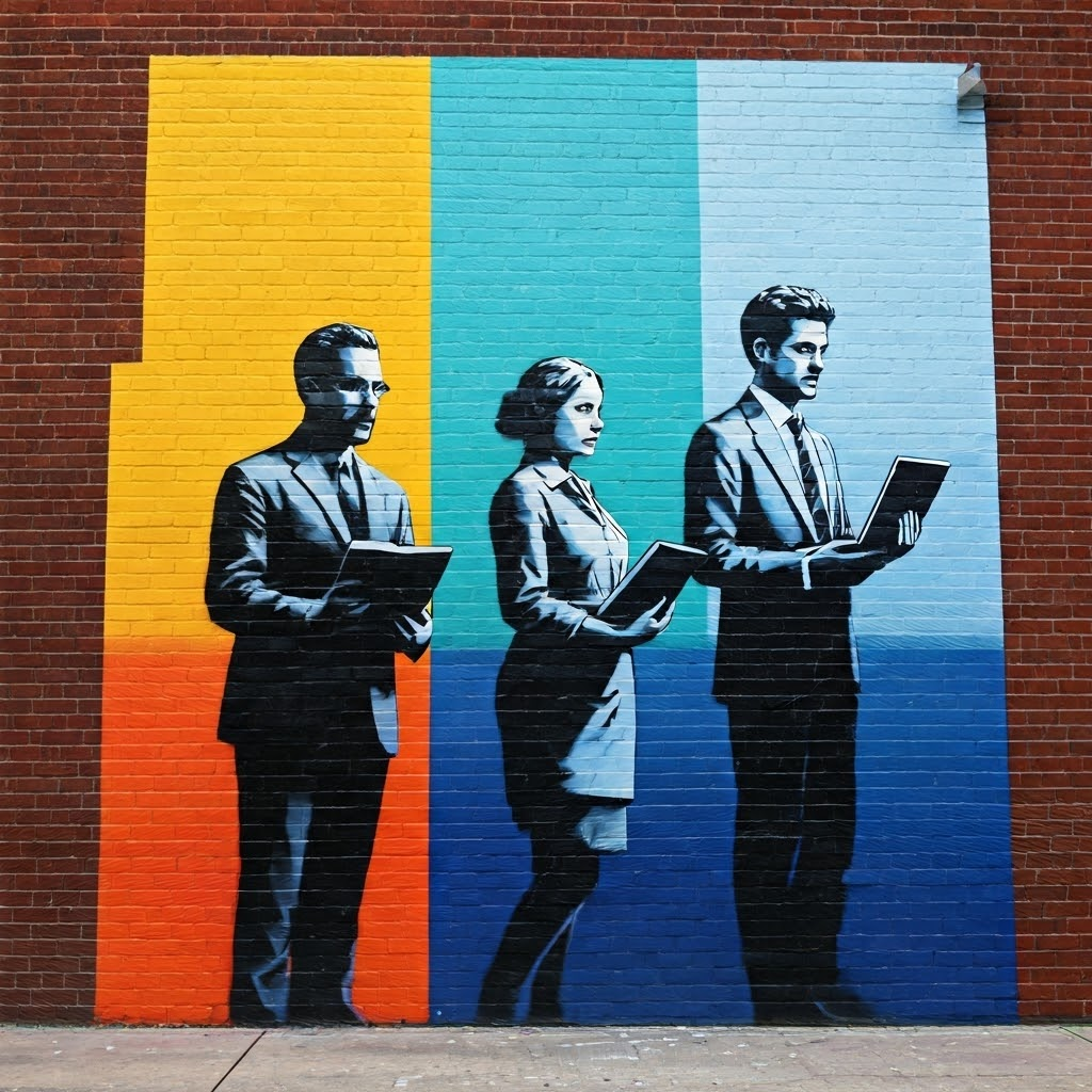 Street-art mural of blockchain pioneers with laptops, celebrating early advocates