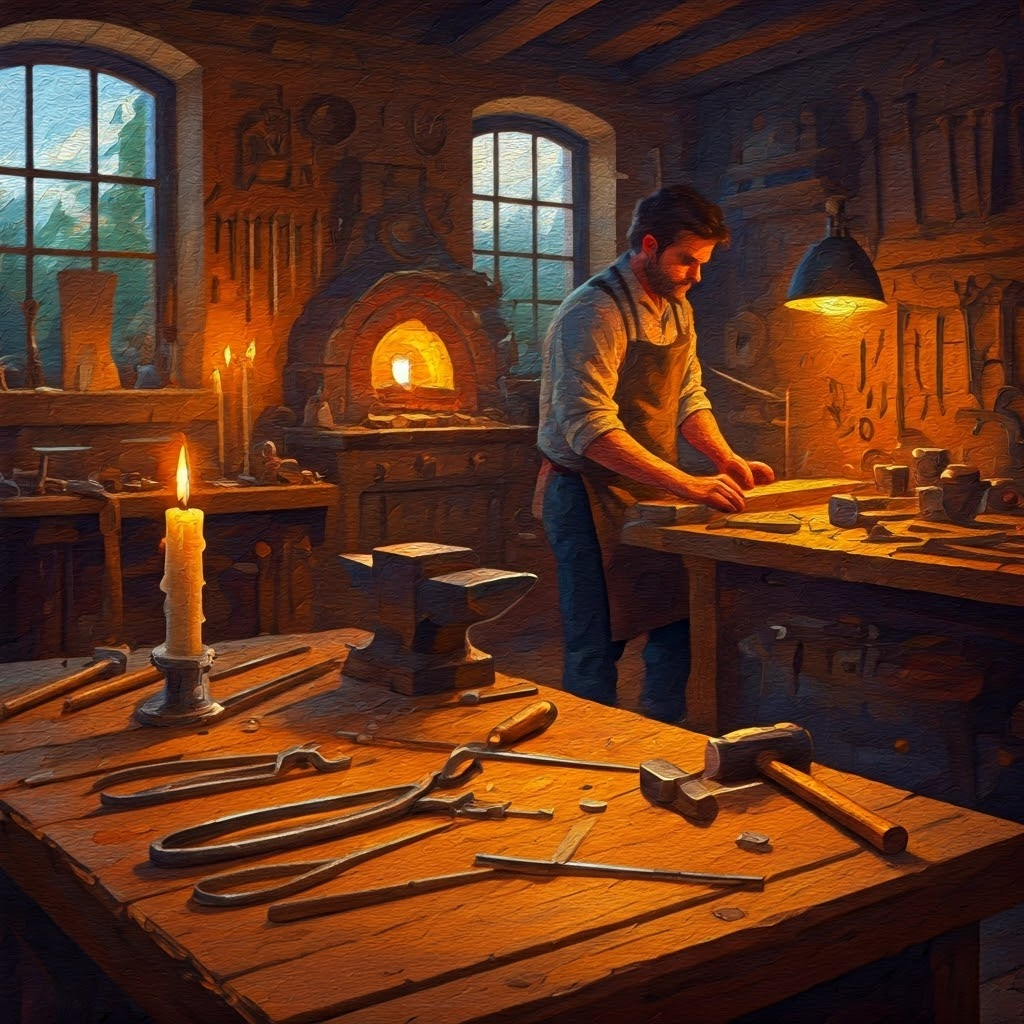 Violin maker tapping wood beside goldsmith at furnace, warm candlelit workshop