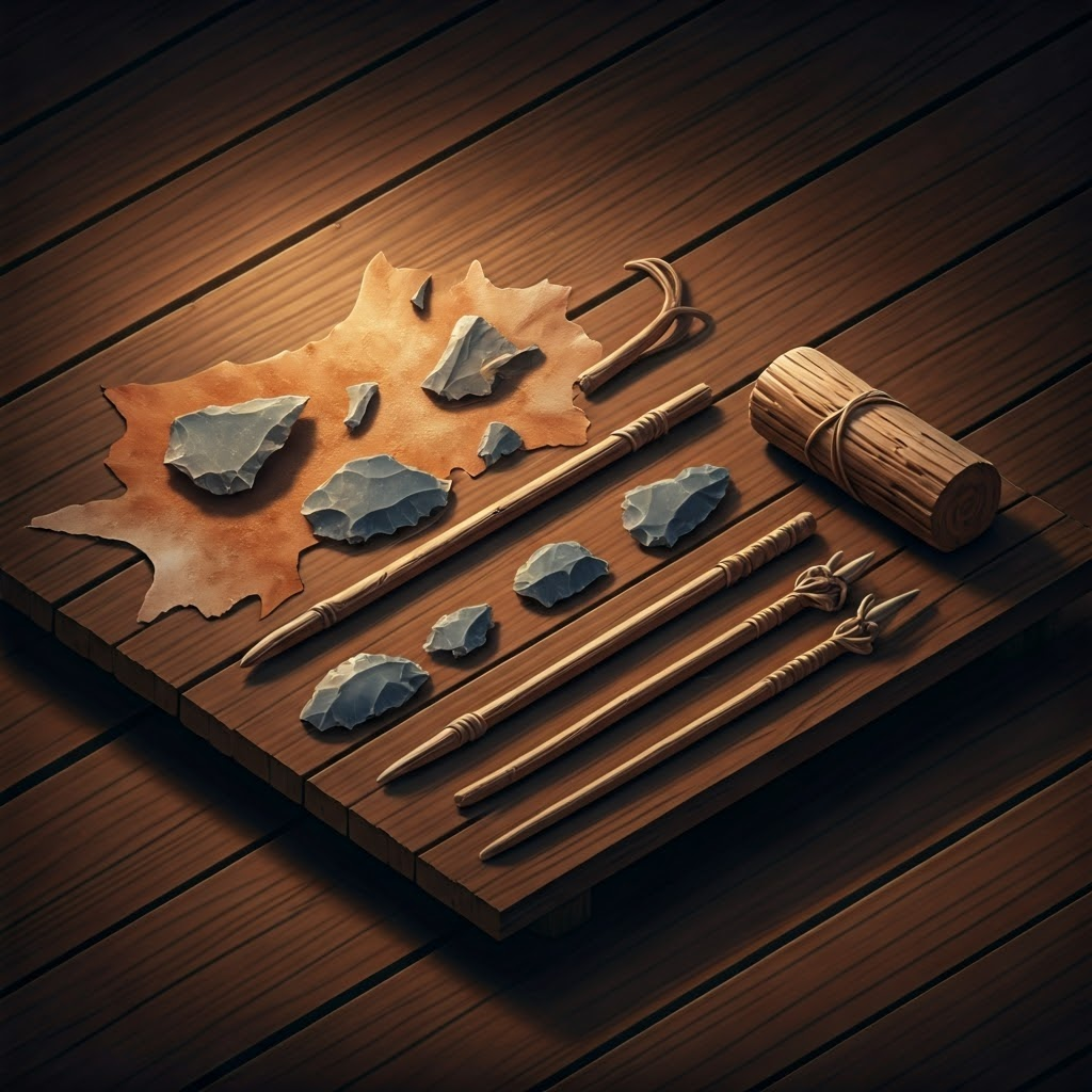 Isometric layout of flint flakes, hide scraps, digging sticks, and carved wood on rustic table.