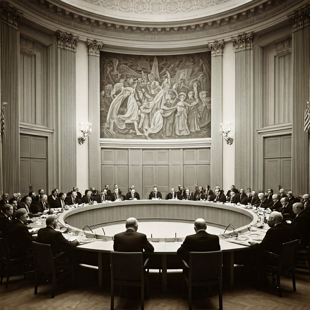 Sepia-toned photo of a 1975 conference hall with delegates around a curved table and a Helsinki mural