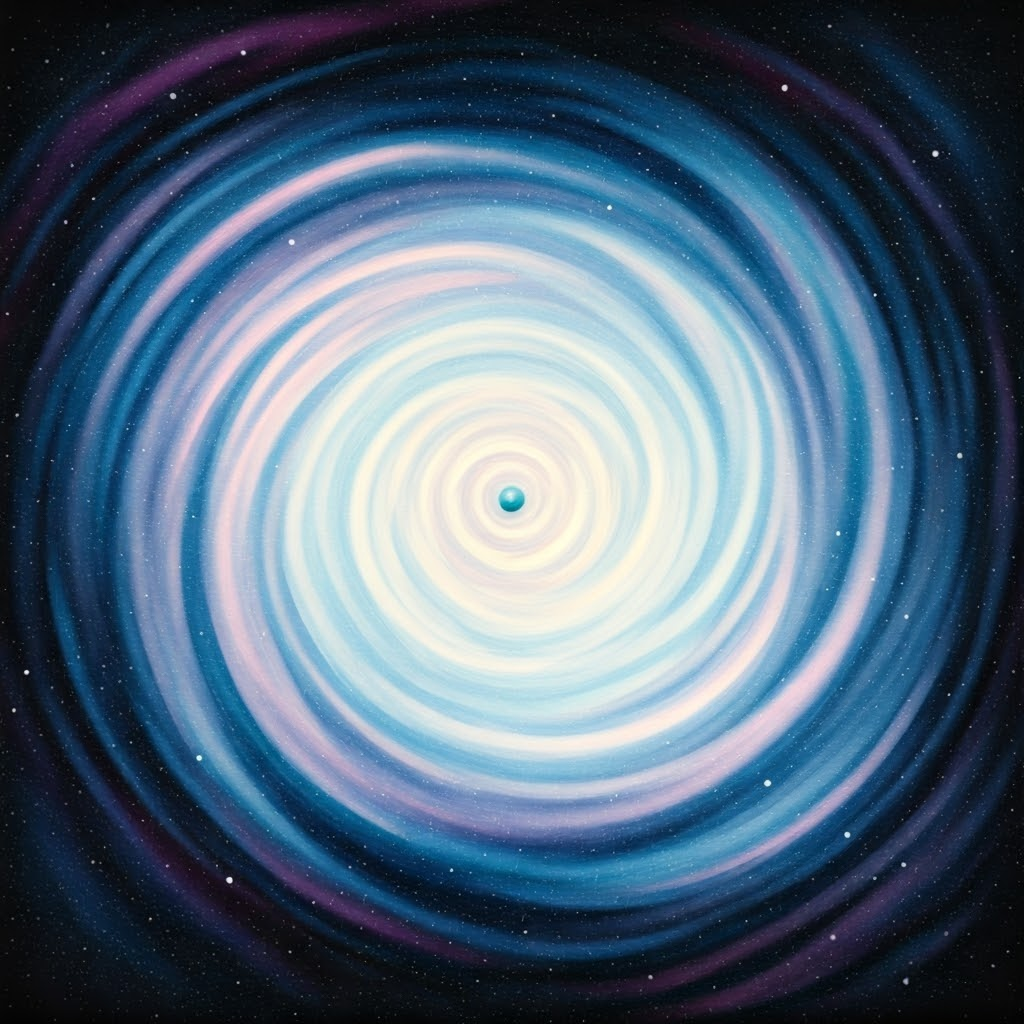 Watercolor of a tiny Earth floating among vast galaxies, suggesting cosmic humility.