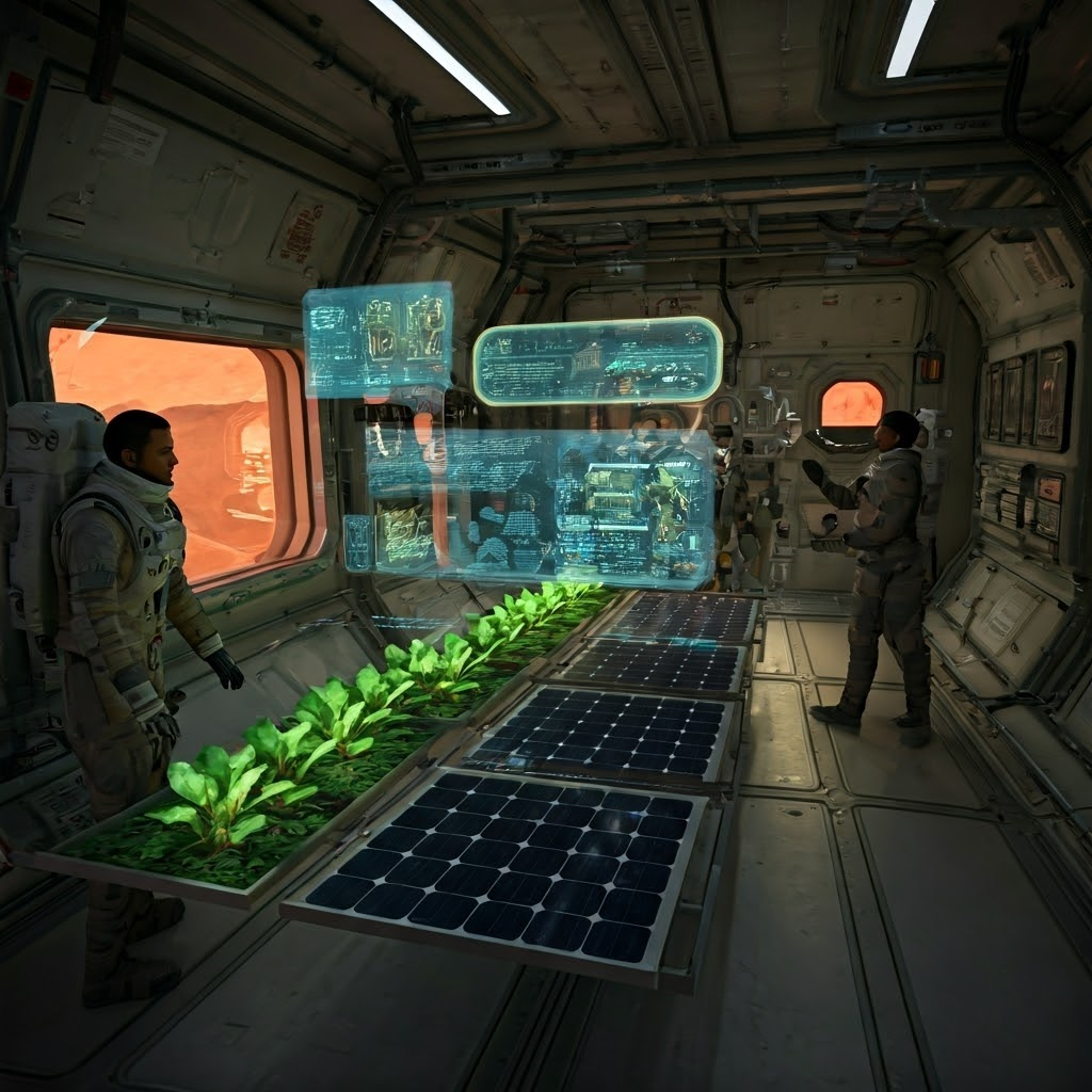 Astronauts inside a half-built habitat use holographic guides to assemble solar panels and greenhouses.