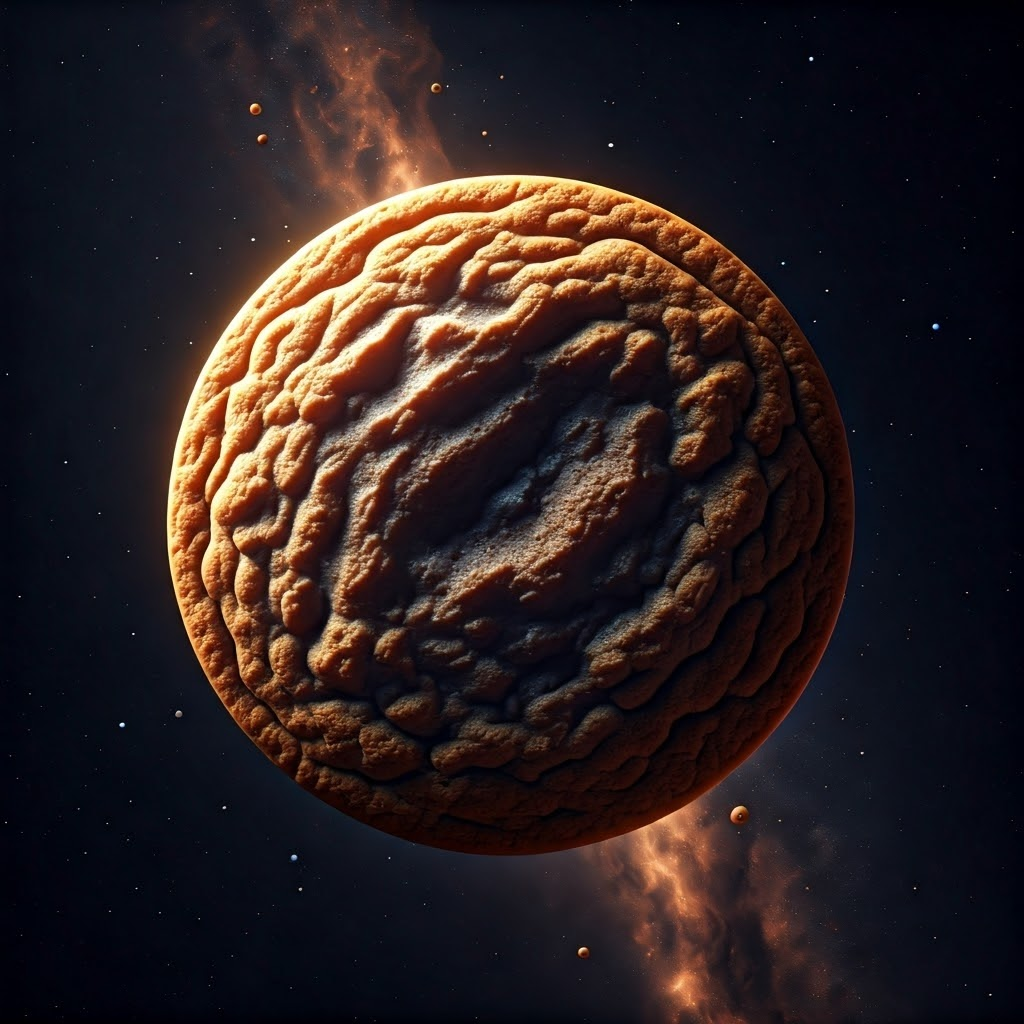 Giant half-baked cookie floating in space, symbolizing a brown dwarf with faint glow