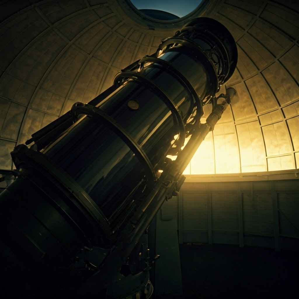 Cinematic scene of Edwin Hubble using Mount Wilson’s large telescope at dawn, Andromeda faintly visible through the lens.