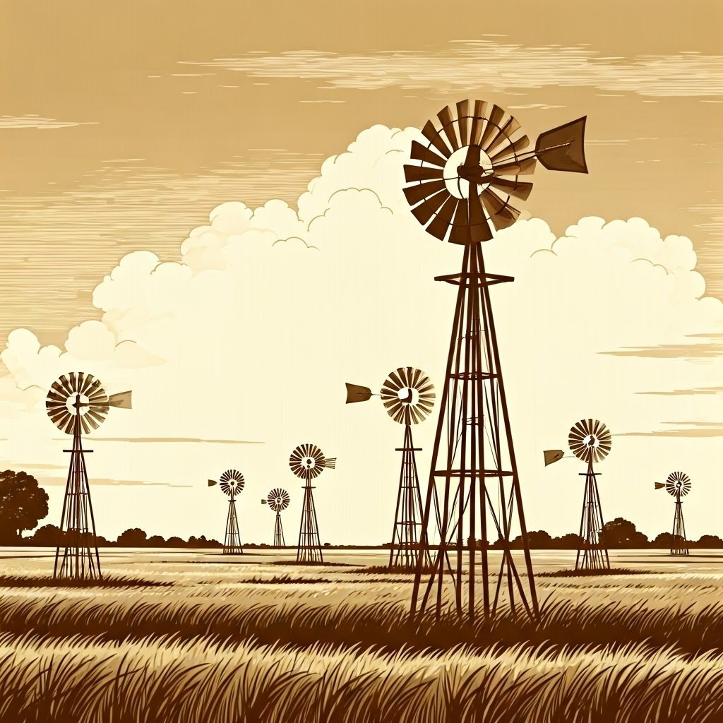 Field of classic multi-blade farm windpumps turning slowly.