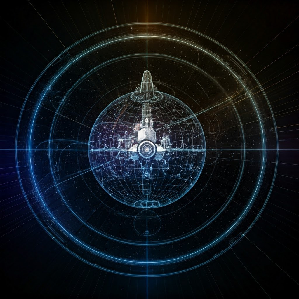 Icons of gyroscope, star map, and solar diagram merging into spacecraft silhouette.
