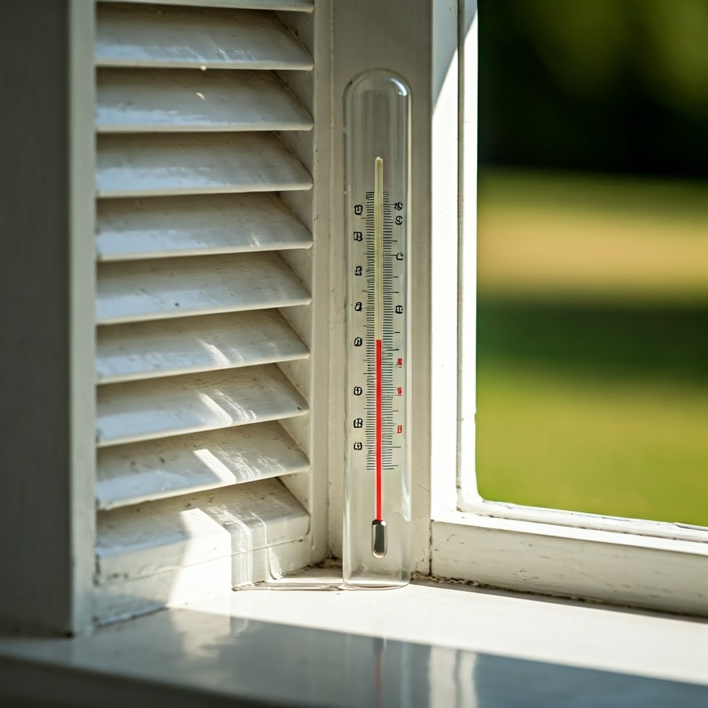 Close-up of a mercury thermometer inside a white Stevenson screen, showing correct setup for precise air-temperature readings.
