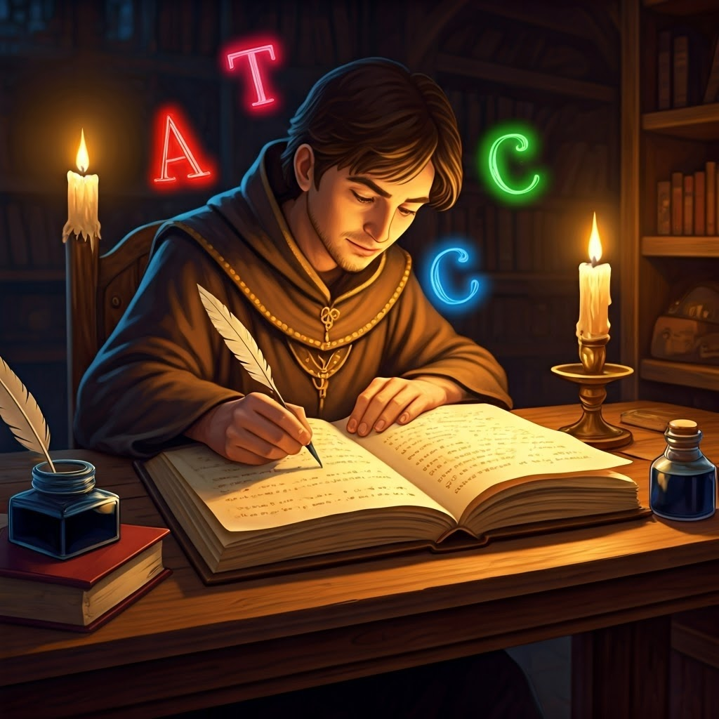 A medieval scriptorium where glowing letters A, T, C, and G float above a parchment scroll, illustrating genetic sentences.