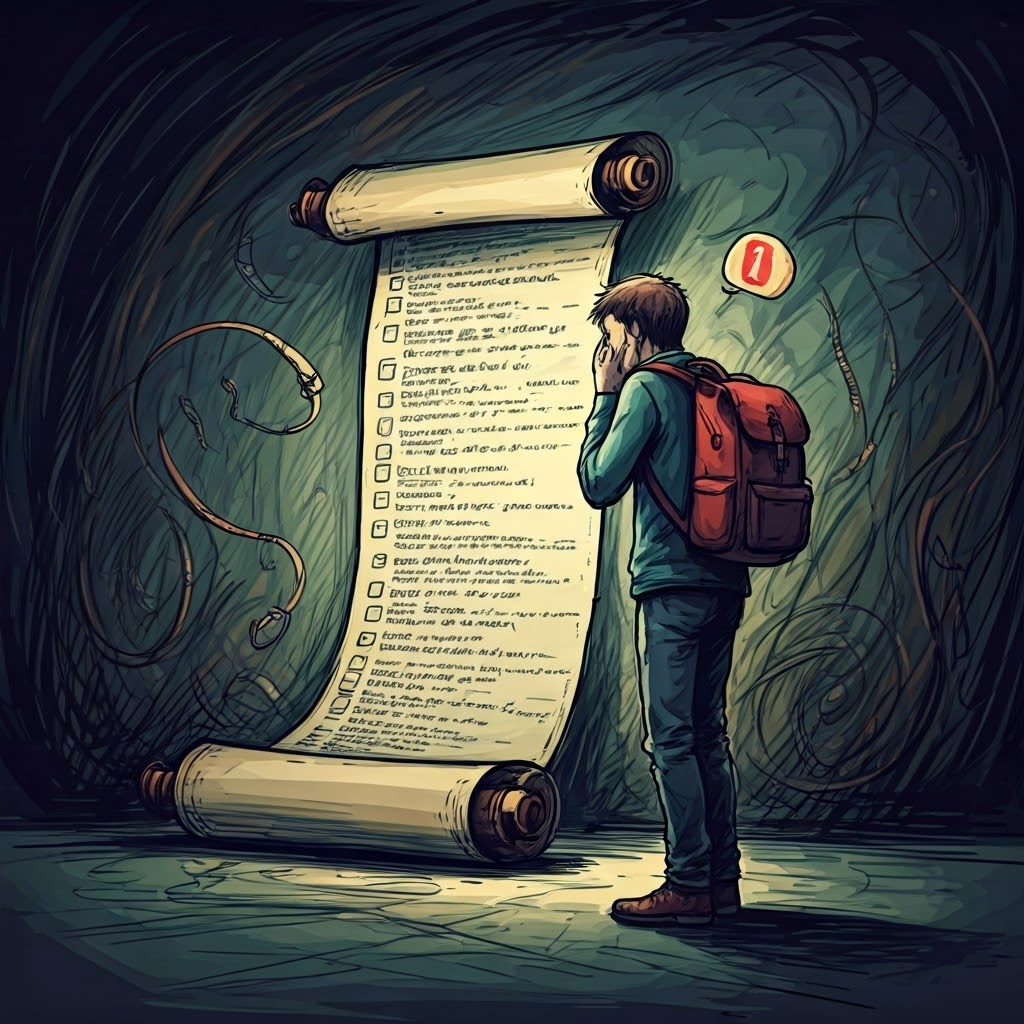 Frustrated user sinking under a scroll of endless text and heavy dependency backpack