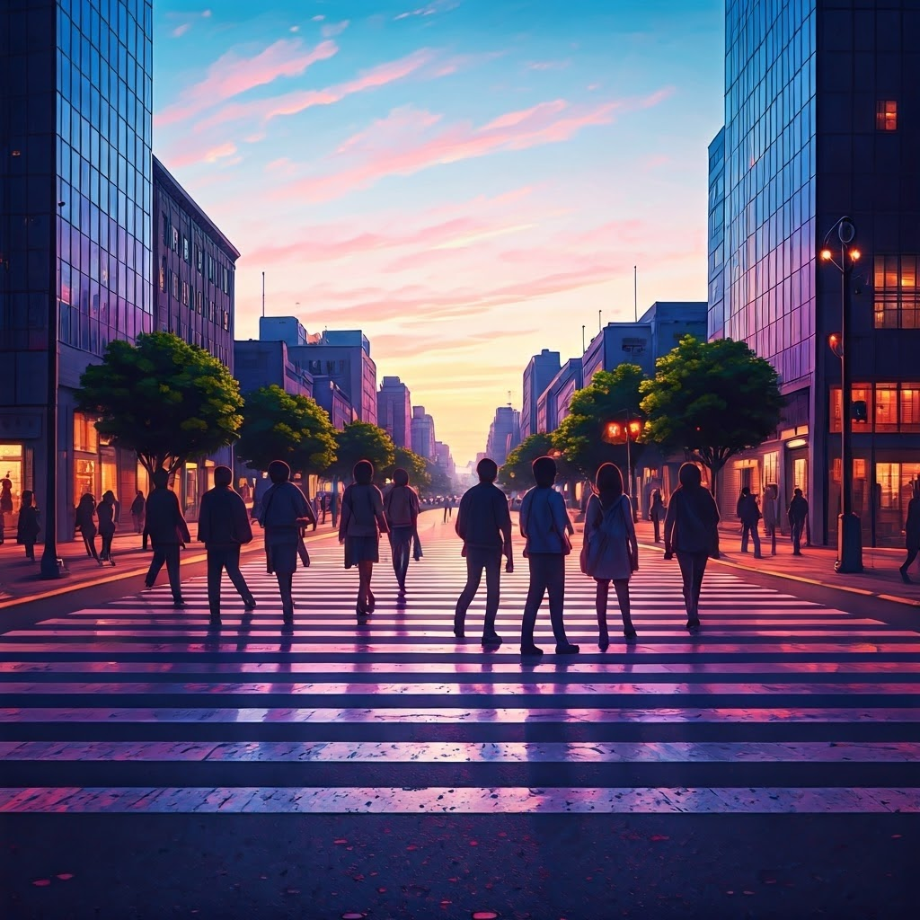 Twilight city crosswalk with neon lines illustrating visible and invisible social boundaries