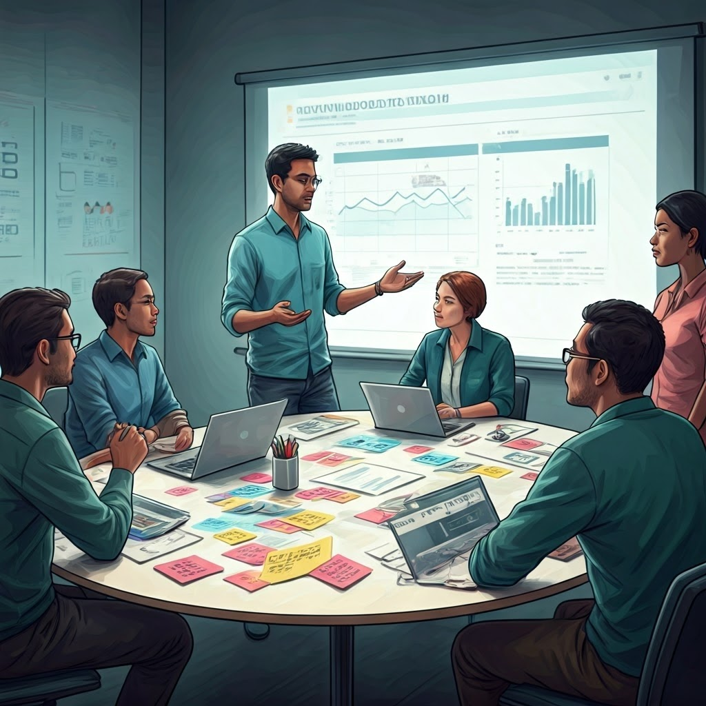 International team around a circular table covered with sticky notes and prototypes, discussing charts projected on a screen.