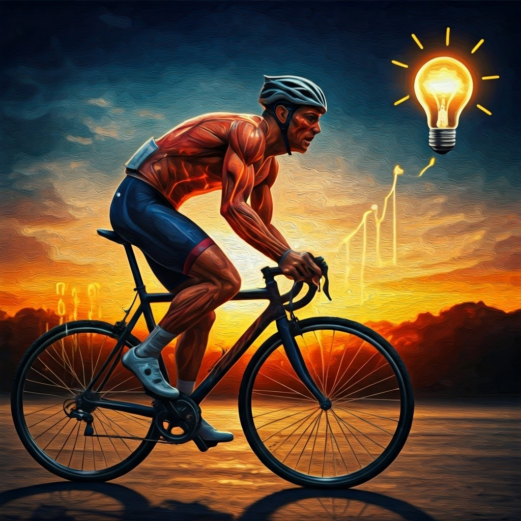 Cyclist next to glowing joule and Calorie symbols, linking human effort to electrical power.