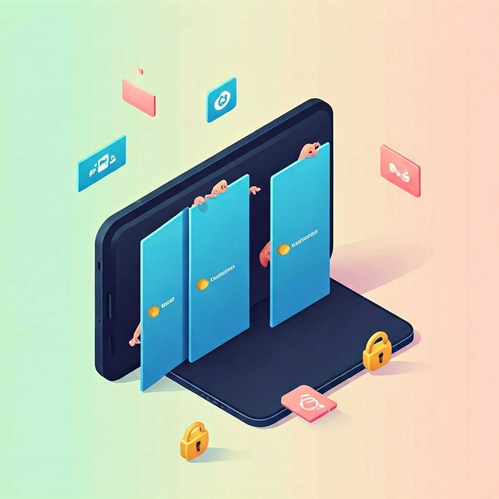 A phone interior cutaway shows doors labeled Photos, Microphone, and Location with tiny app icons peeking out.