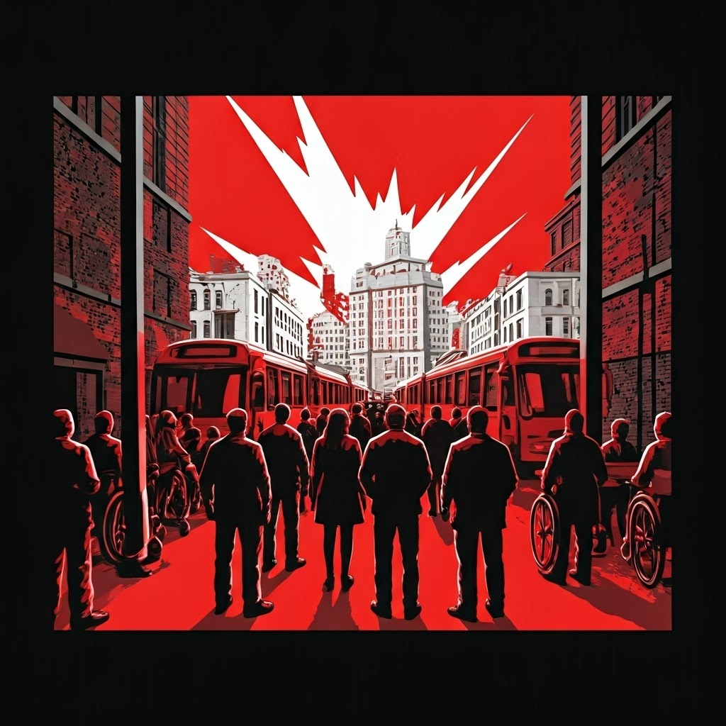 Bold stencil art shows wheelchair users blocking buses and activists chaining themselves to doors in urgent red and black.