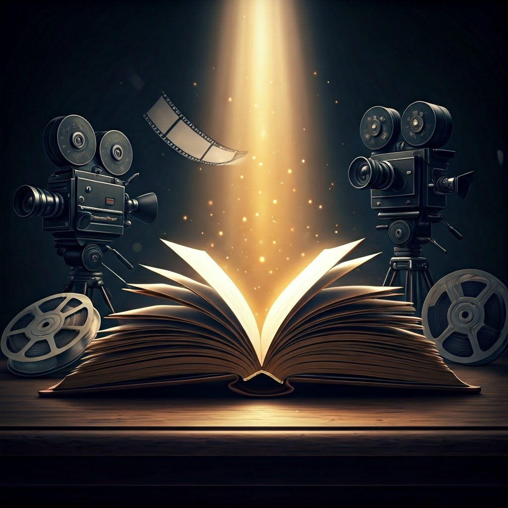 Floating book with glowing pages surrounded by cameras and film reels, symbolizing CRISPR’s media impact