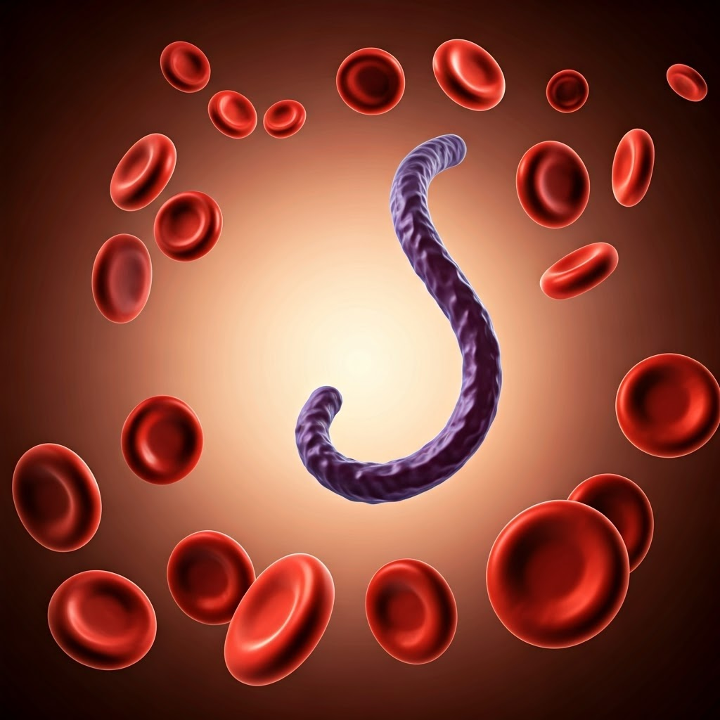 Illustration of sickle and normal red blood cells with subtle CRISPR symbols, conveying gene correction for sickle-cell disease