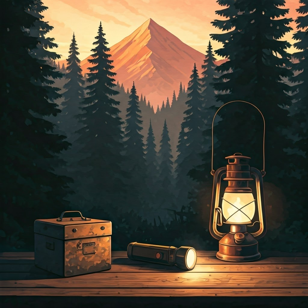 A ranger holds a yellow walkie-talkie in a dusky pine forest, illustrating in-world instruction through dialogue.