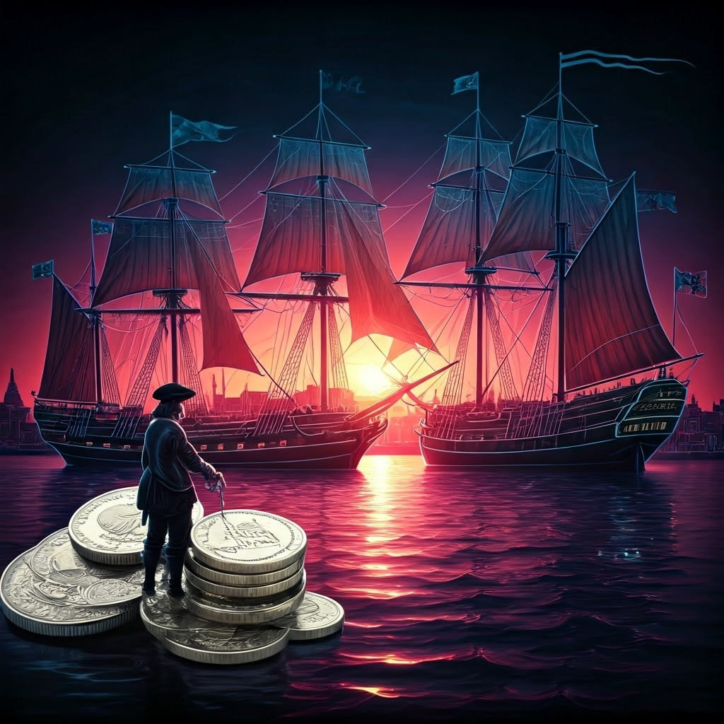 A 17th-century port glows with neon-style stock tickers as merchants trade under the Dutch East India Company flag