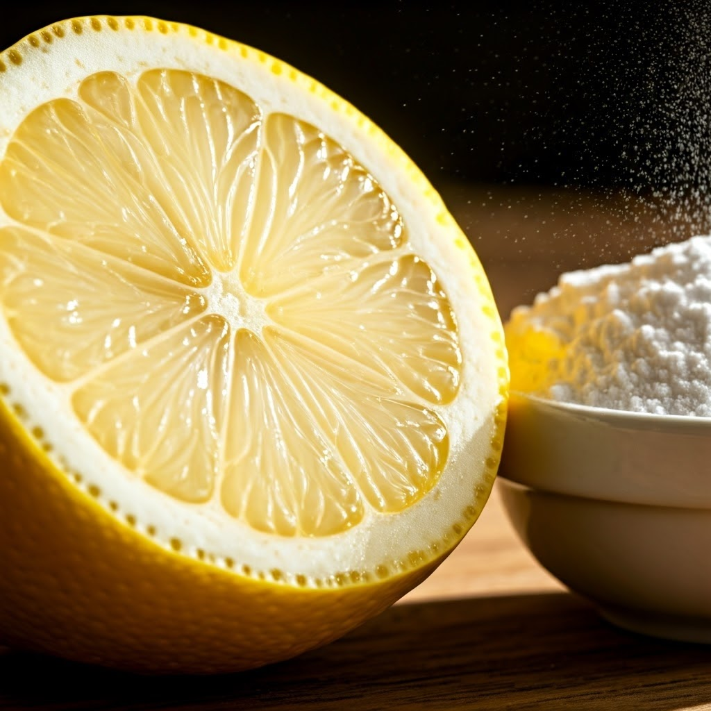 Close-up of a lemon half beside a bowl of baking soda, highlighting their contrasting textures and colors to illustrate acidity versus alkalinity