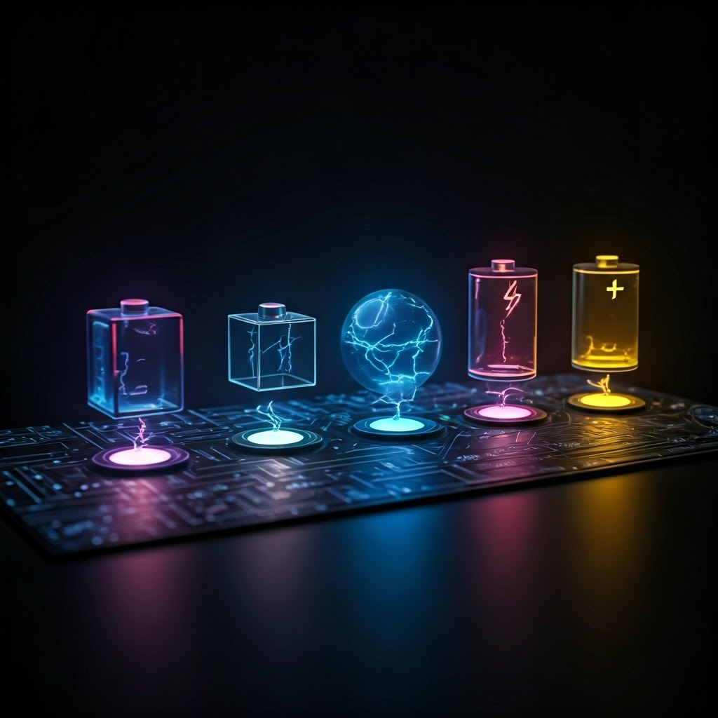 Timeline showing lead-acid, nickel-iron, nickel-cadmium, nickel-metal hydride, and lithium-ion cells glowing in sequence