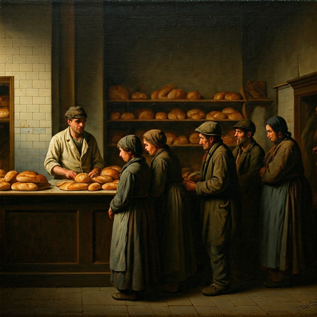 Historical painting of a weary 1847 Paris baker serving long lines of hungry customers in a dim, cramped shop, capturing the era’s hardship.