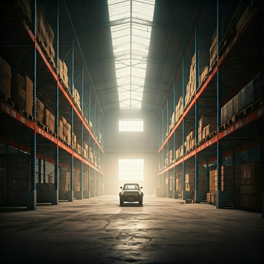 Digital 3D scenes merge into a dusty warehouse, symbolizing the jump from simulation to life