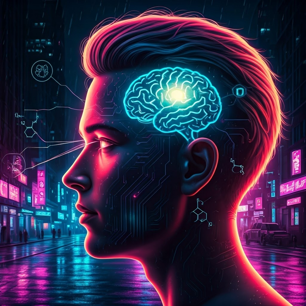A neon-lit profile shows light beams to eyes, waves to ears, and chemical icons near nose and mouth, all turning into glowing signals racing to a central brain.