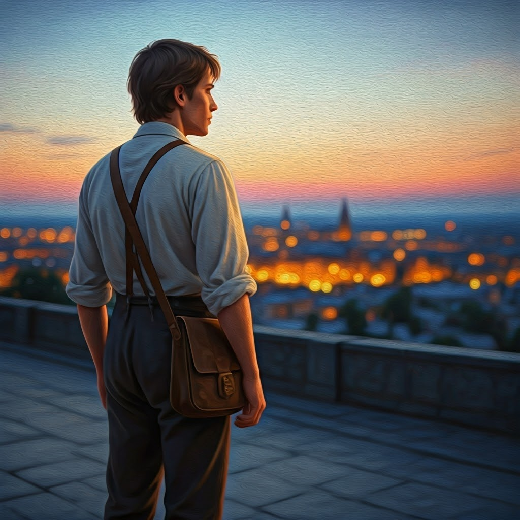 Young man with small satchel looking toward a glowing industrial city at dusk
