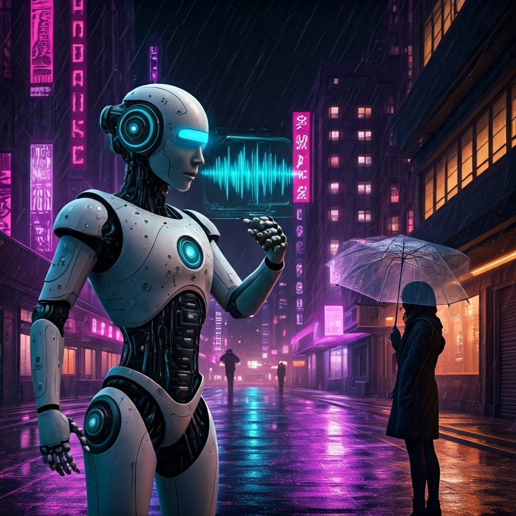 Cyberpunk humanoid robot converses with a human listener under neon rain, illustrating clear natural robotic speech