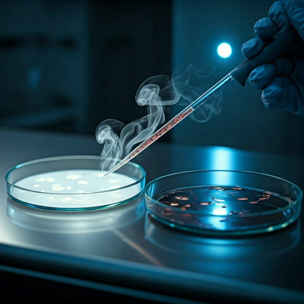 Two Petri dishes: one harmless, one turning dangerous as wisps of DNA drift between them under blue lab lights.