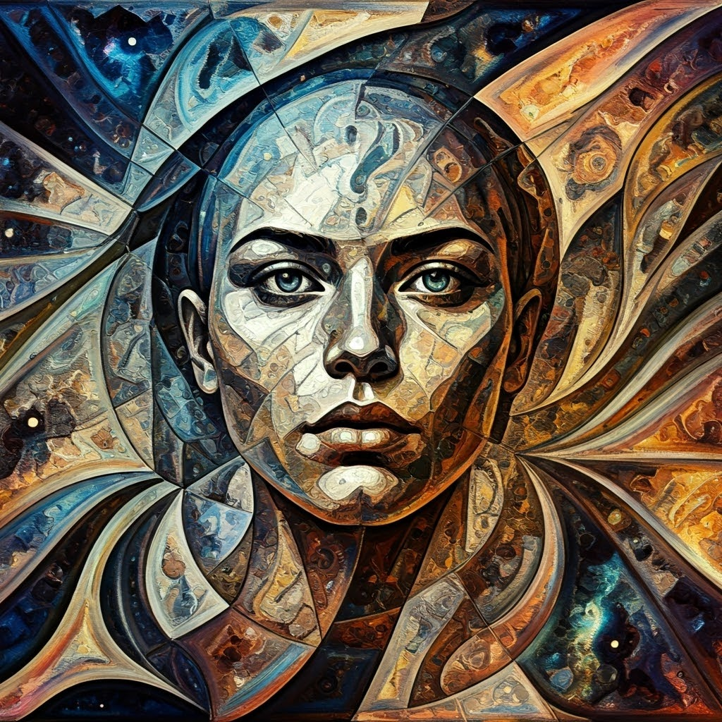 Ethereal collage blending cosmic imagery with thoughtful human faces.