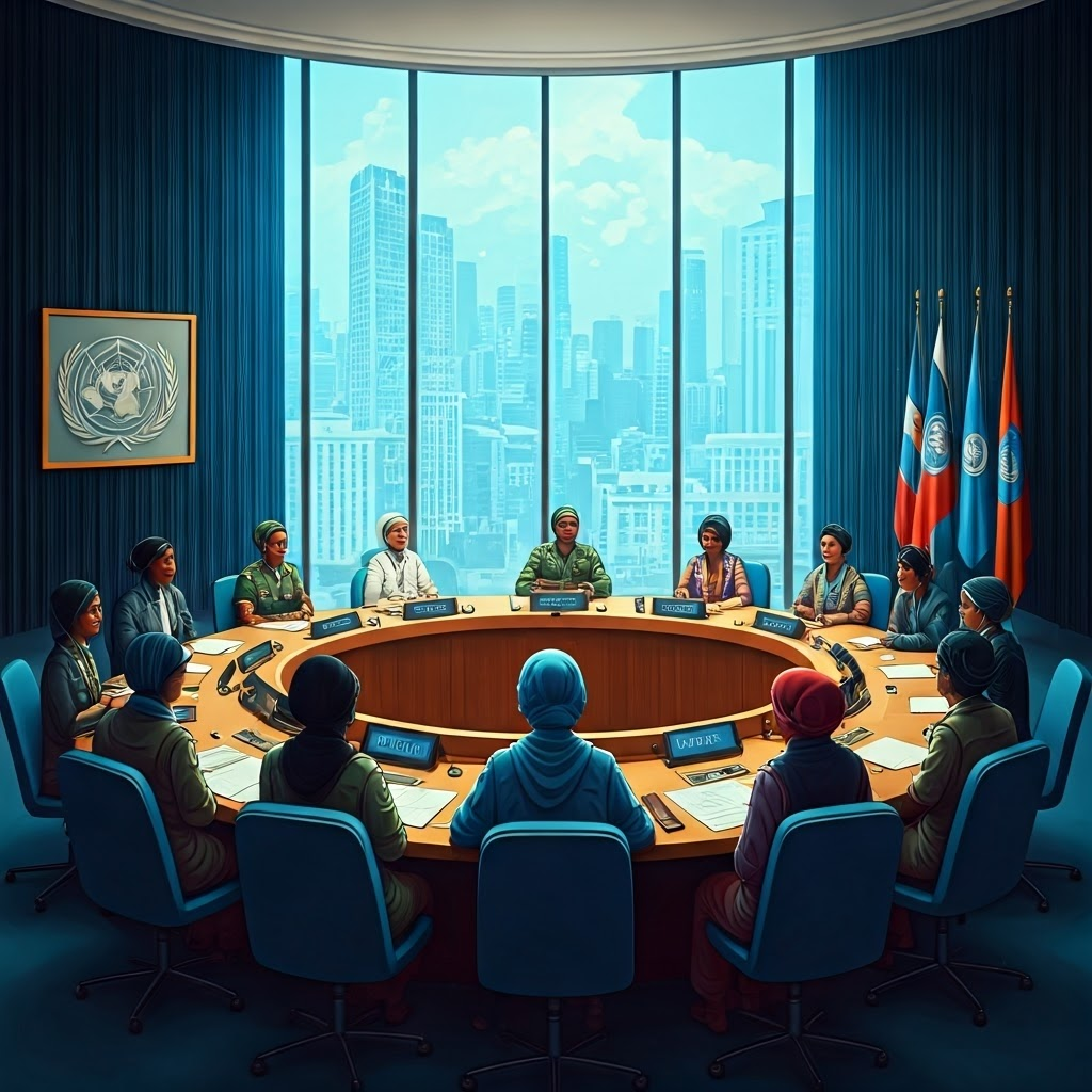 Women from diverse nations meet at a UN conference table marked “1325,” symbolizing inclusive peace talks